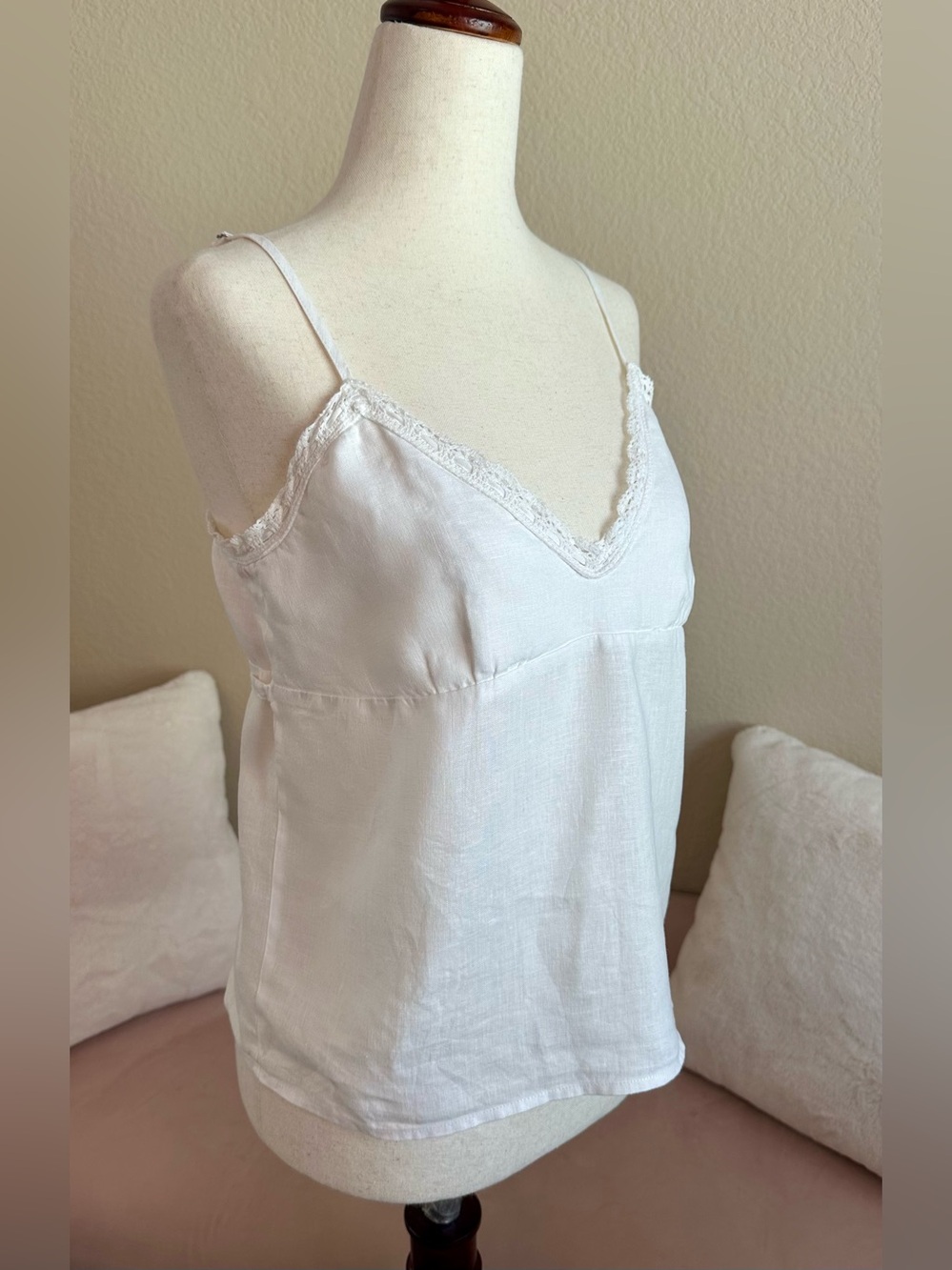 Brandy Melville White Linen Cami Tank Top Tie Back Lace Trim Babydoll Size Small